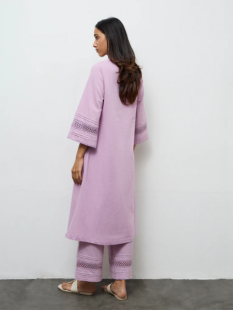 Utsa Lilac Embroidered Cotton-Blend A-Line Kurta - Image 4