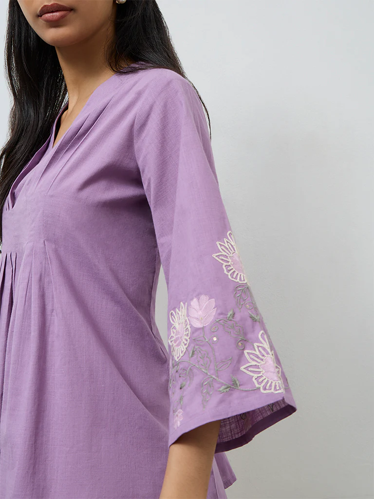Utsa Lilac Embroidered Cotton Tunic - Image 3