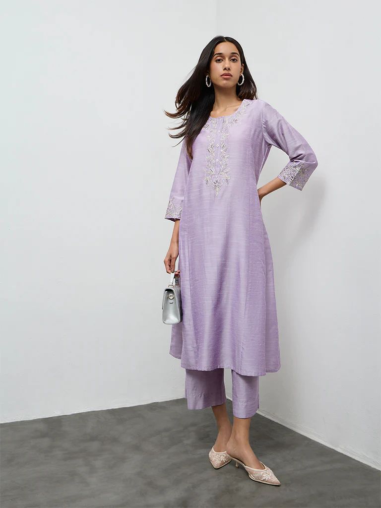 Utsa Lilac Floral Embroidered A-Line Kurta