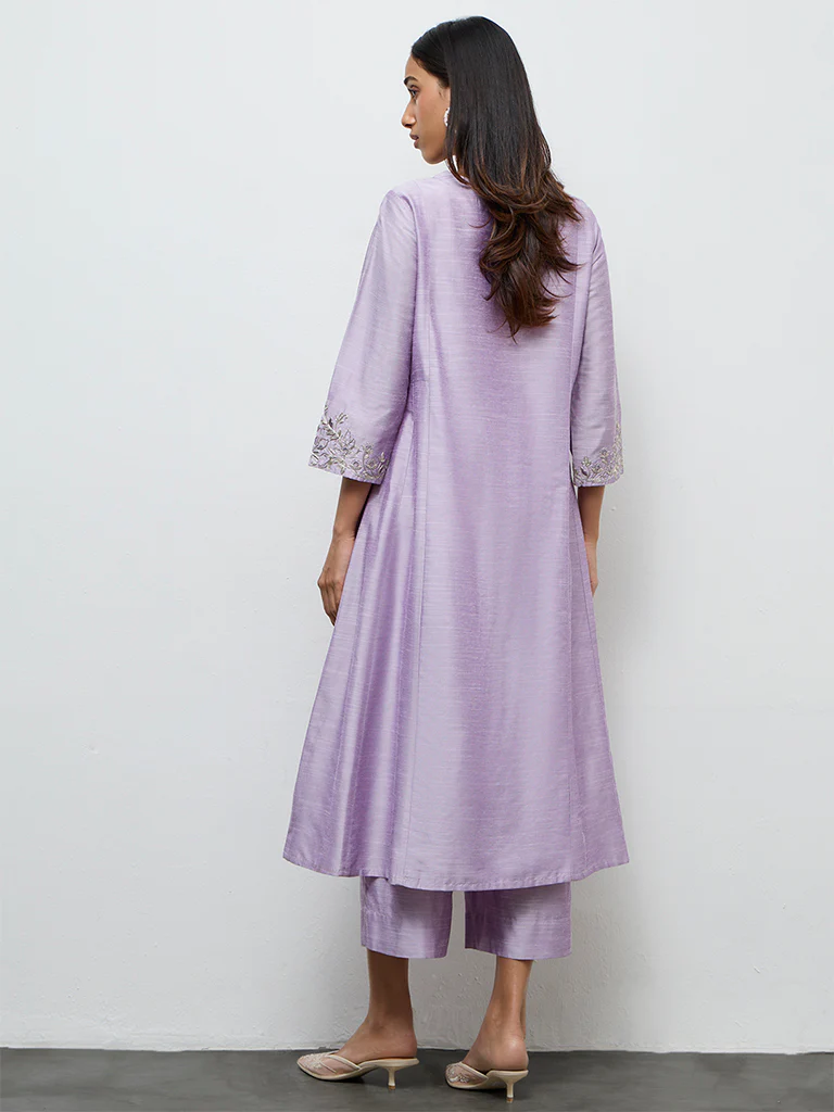 Utsa Lilac Floral Embroidered A-Line Kurta - Image 4
