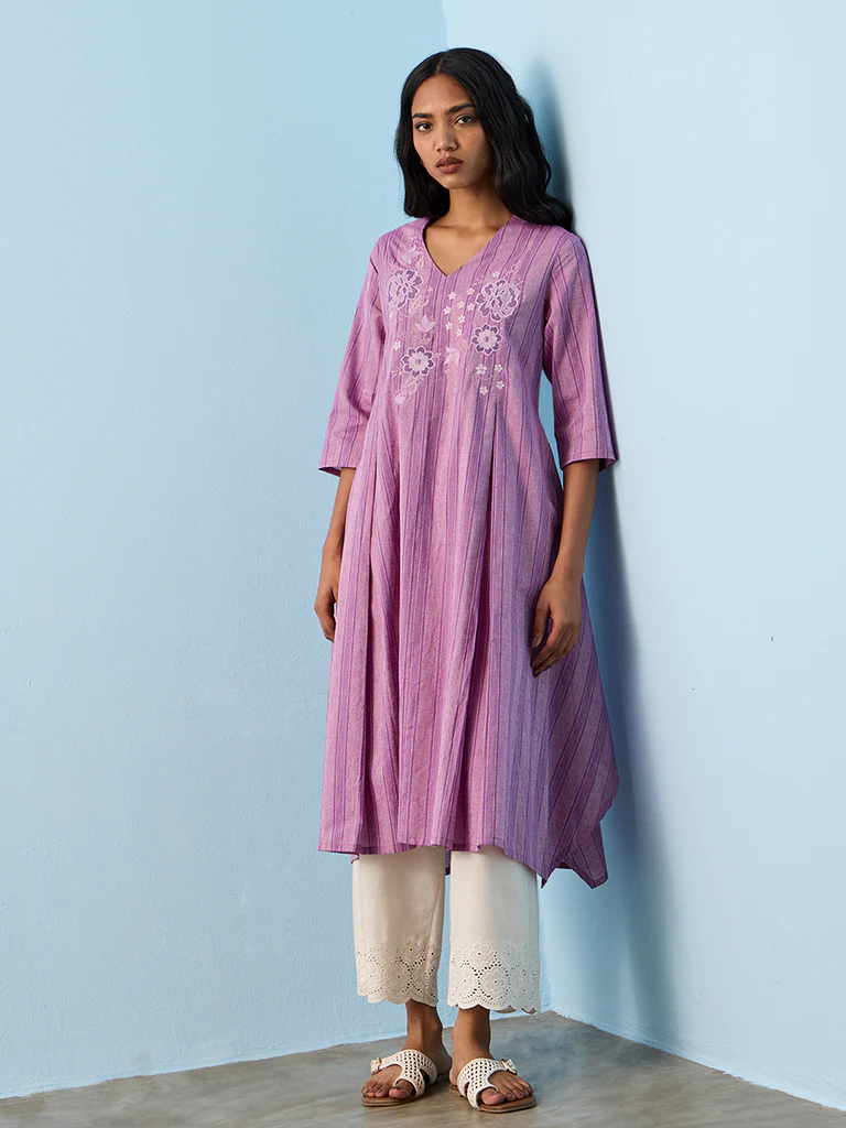 Utsa Lilac Floral Embroidered Cotton A-Line Kurta - Image 2