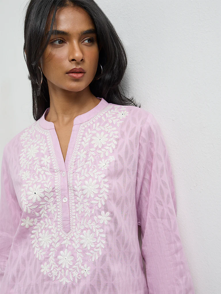 Utsa Lilac Floral Embroidered Cotton-Blend Kurti - Image 3