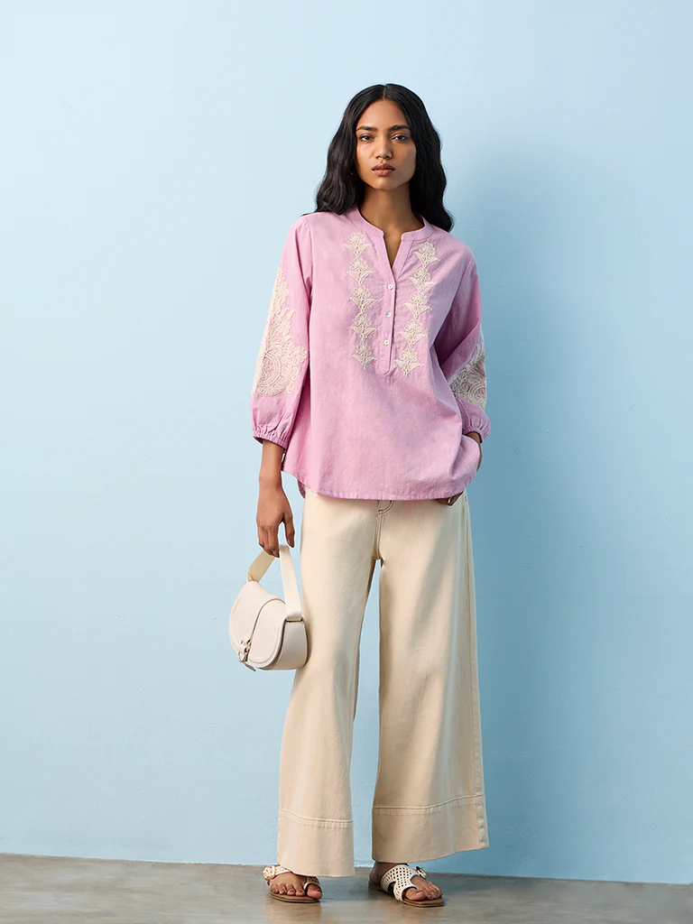 Utsa Lilac Floral Embroidered Cotton Straight Tunic - Image 2