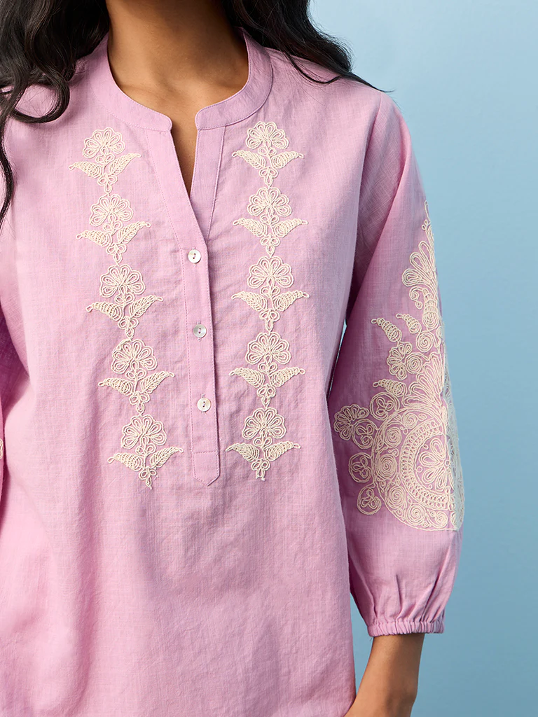 Utsa Lilac Floral Embroidered Cotton Straight Tunic - Image 3