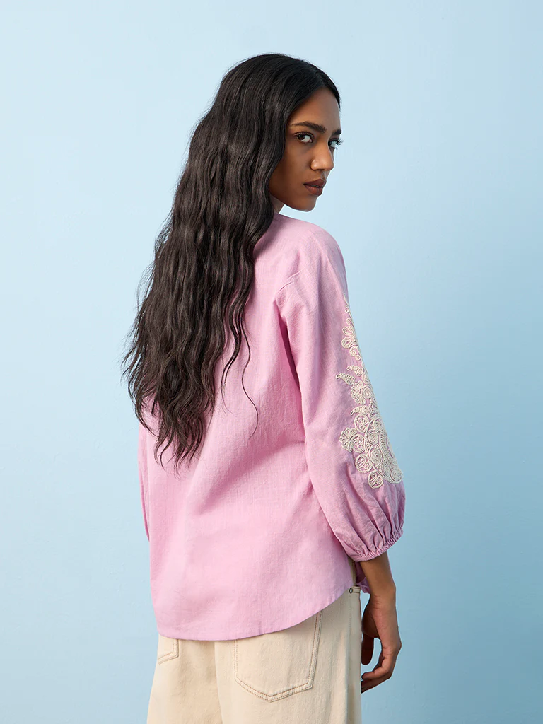 Utsa Lilac Floral Embroidered Cotton Straight Tunic - Image 4