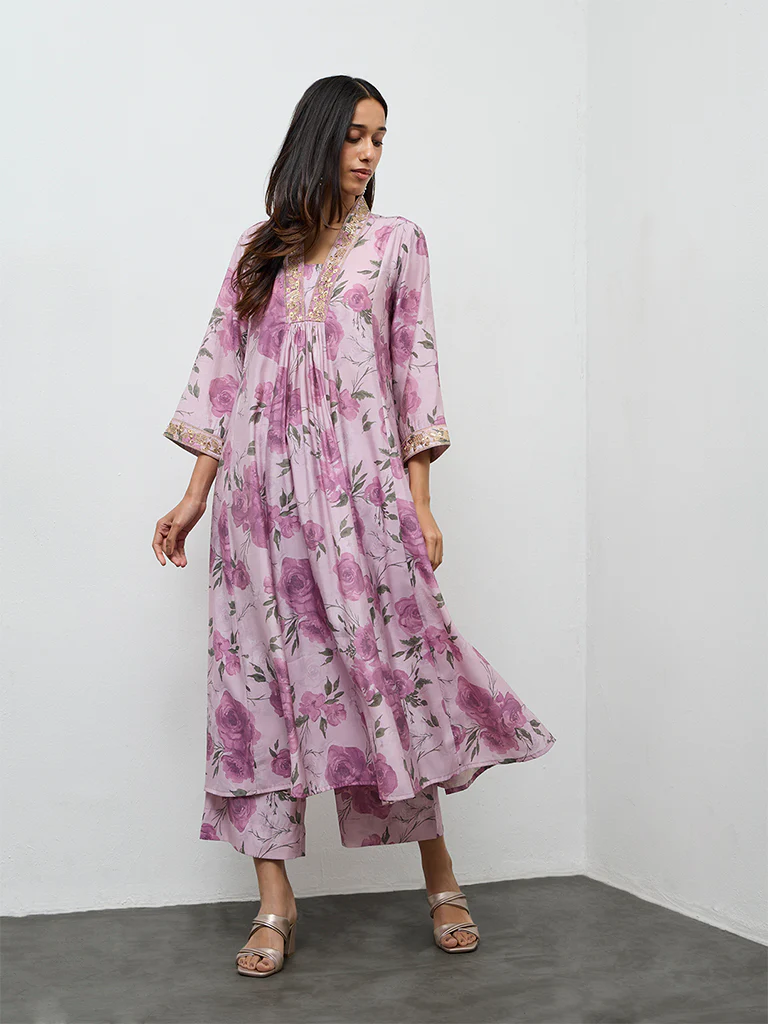 Utsa Lilac Floral Printed A-Line Kurta - Image 2