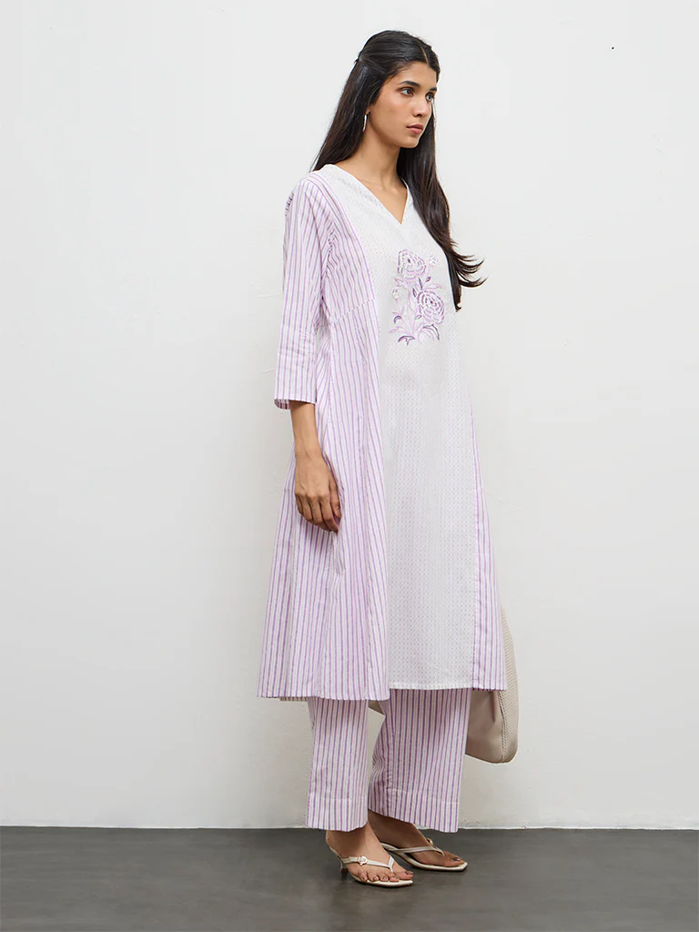 Utsa Lilac Striped Cotton A-Line Kurta