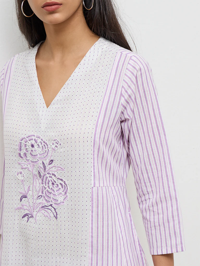 Utsa Lilac Striped Cotton A-Line Kurta - Image 3