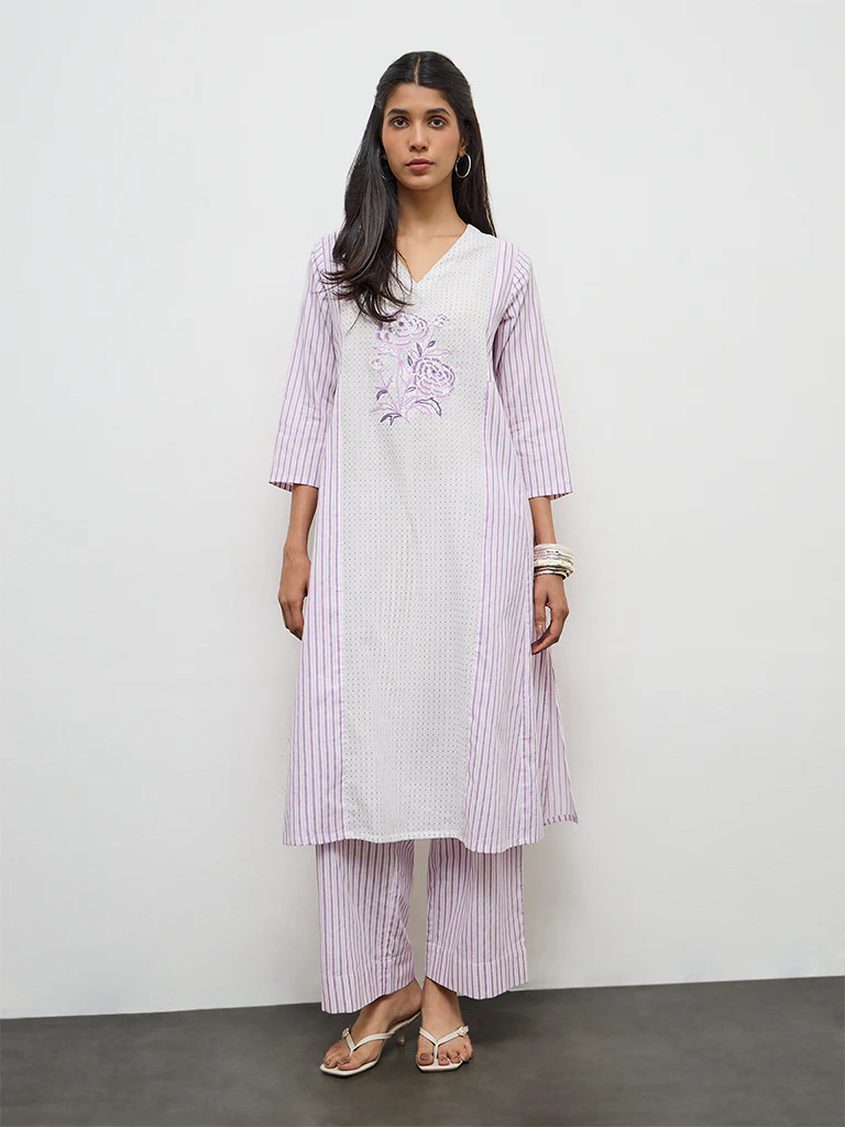 Utsa Lilac Striped Cotton Pants - Image 2