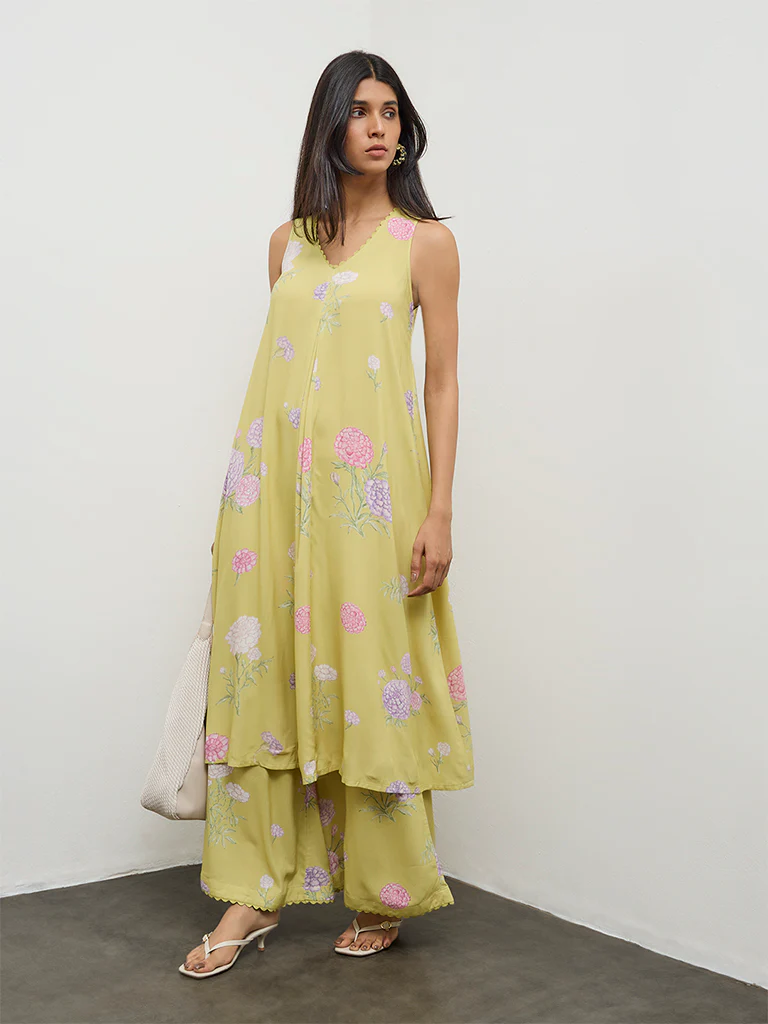 Utsa Lime Floral Design A-Line Kurta