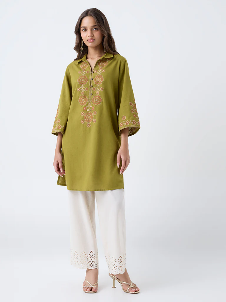 Utsa Lime Floral Embroidered Cotton-Blend A-Line Kurta