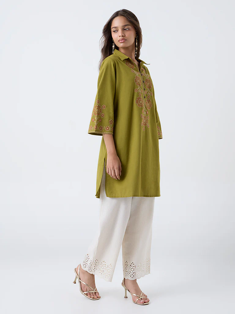 Utsa Lime Floral Embroidered Cotton-Blend A-Line Kurta - Image 2