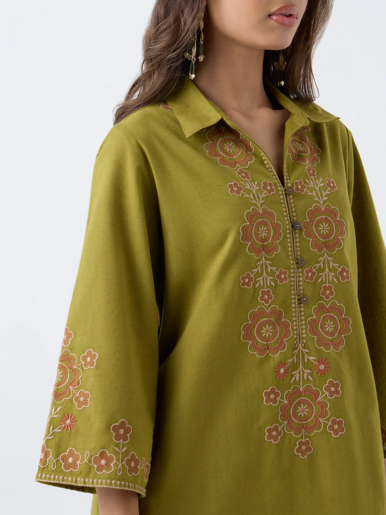 Utsa Lime Floral Embroidered Cotton-Blend A-Line Kurta - Image 3