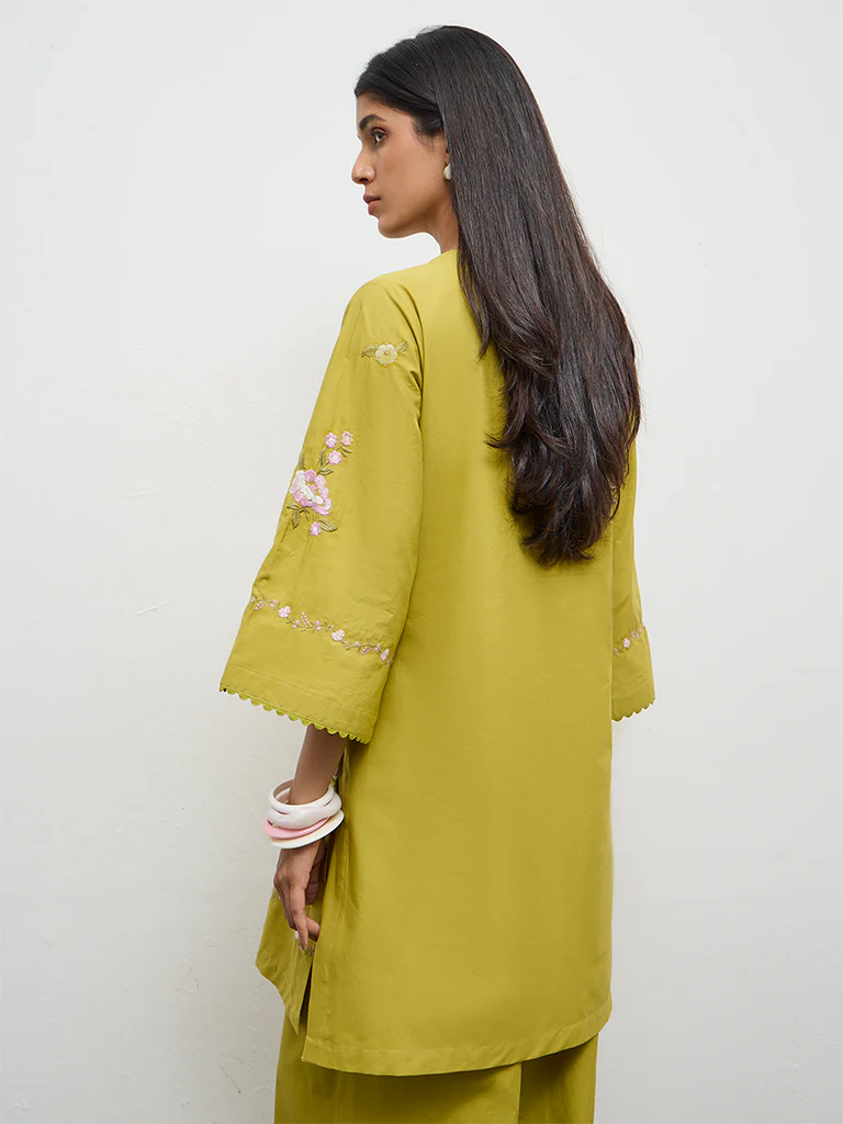 Utsa Lime Floral Embroidered Cotton-Blend A-Line Kurta - Image 4