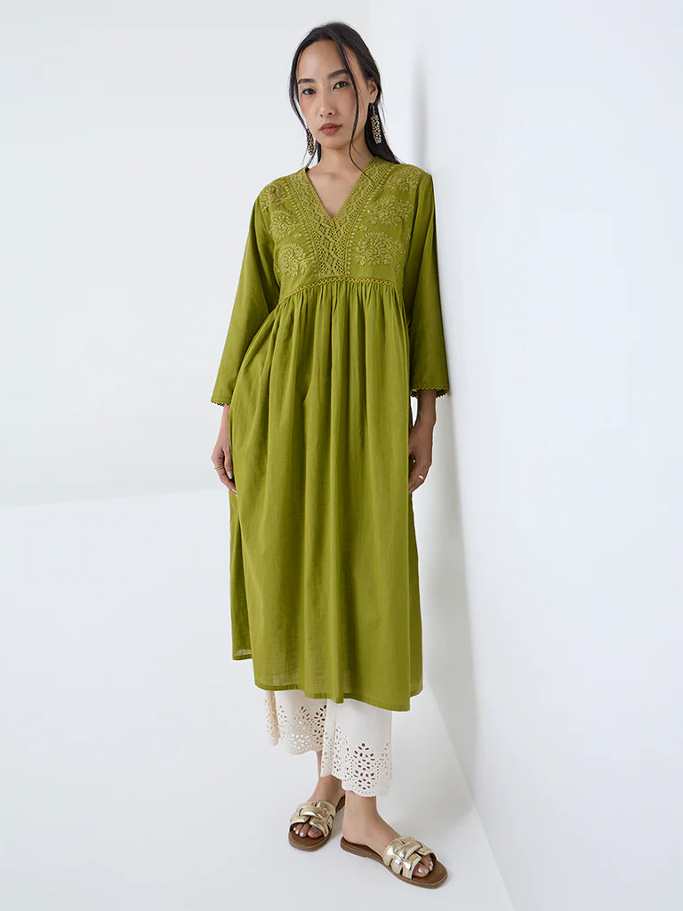 Utsa Lime Floral Embroidered Fit-and-Flare Cotton Kurta - Image 2