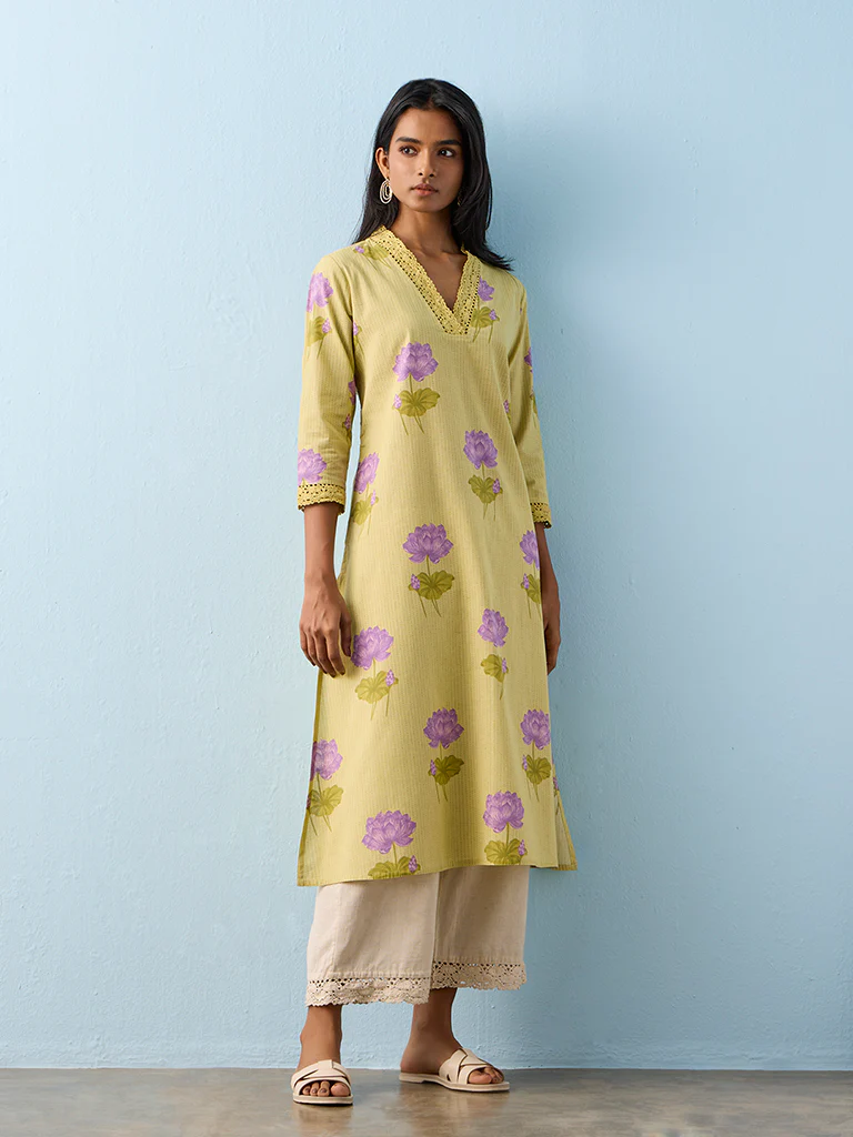 Utsa Lime Floral Printed Cotton-Blend A-Line Kurta - Image 2