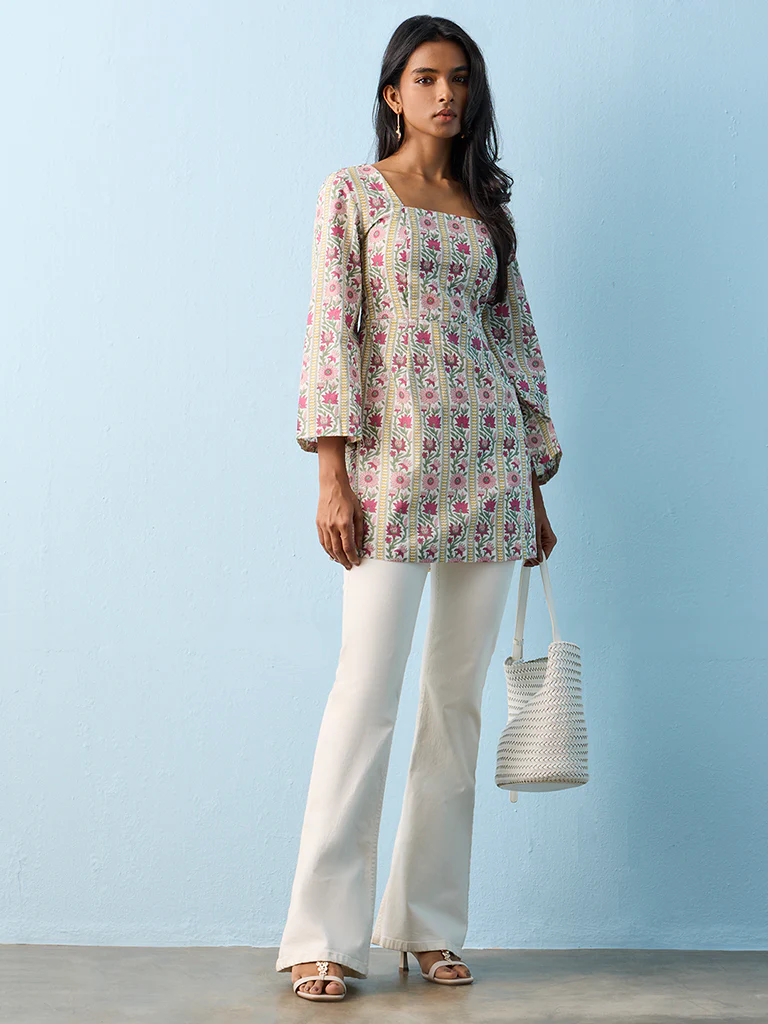 Utsa Lime Floral Printed Cotton Kurti