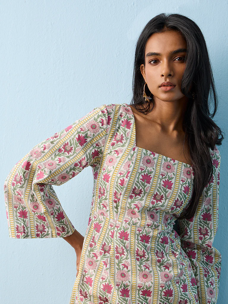 Utsa Lime Floral Printed Cotton Kurti - Image 3