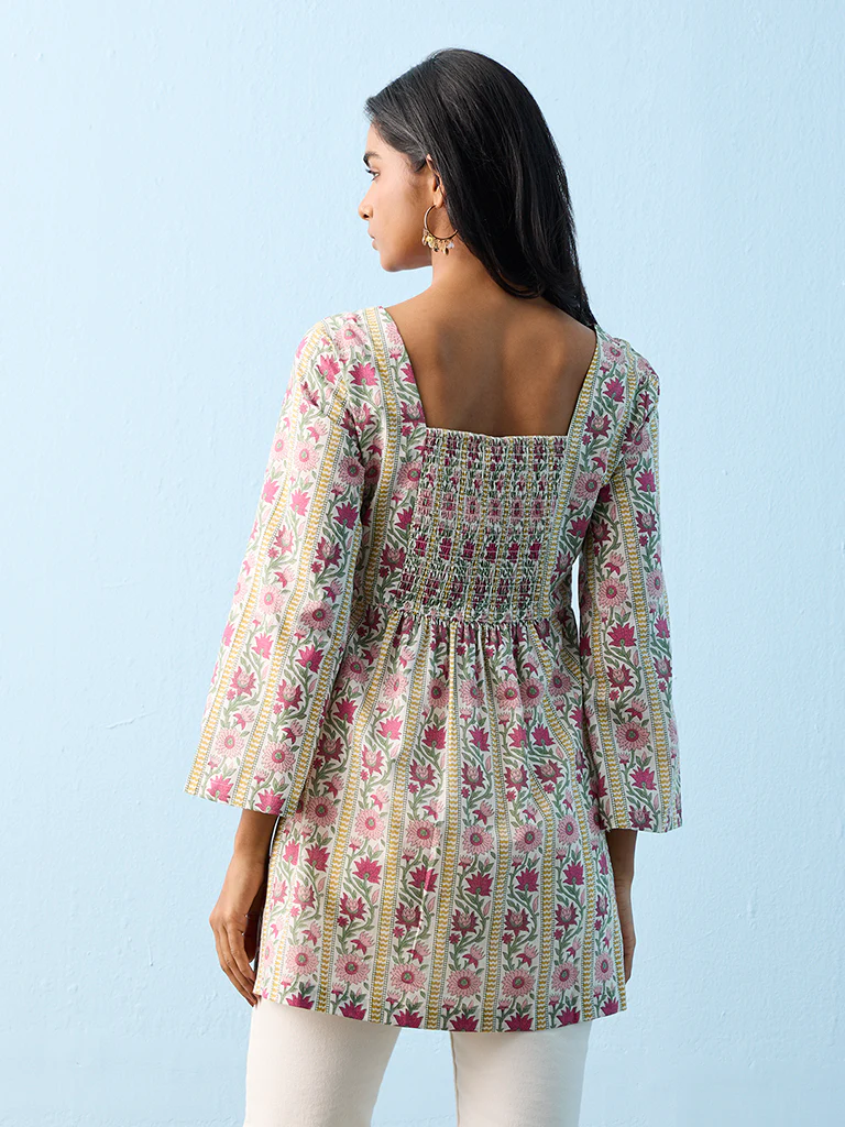 Utsa Lime Floral Printed Cotton Kurti - Image 4