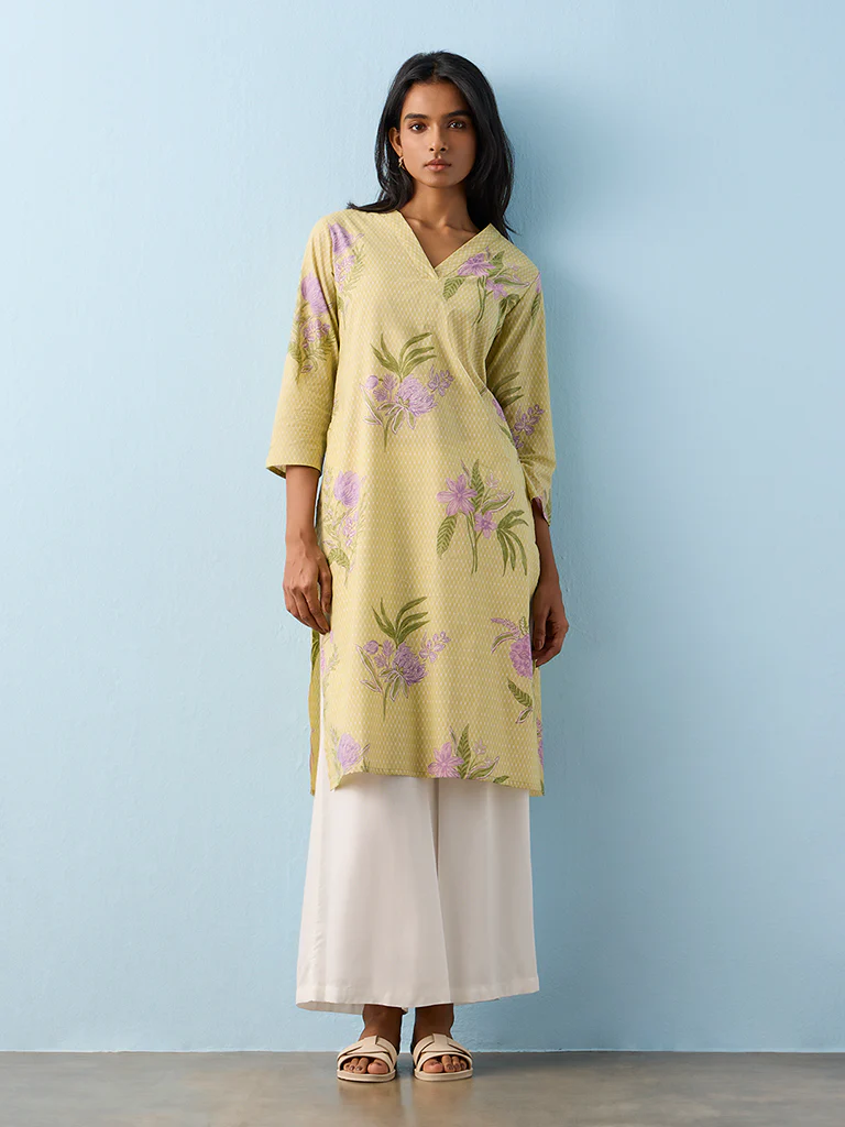 Utsa Lime Floral Printed Cotton Straight Kurta - Image 2