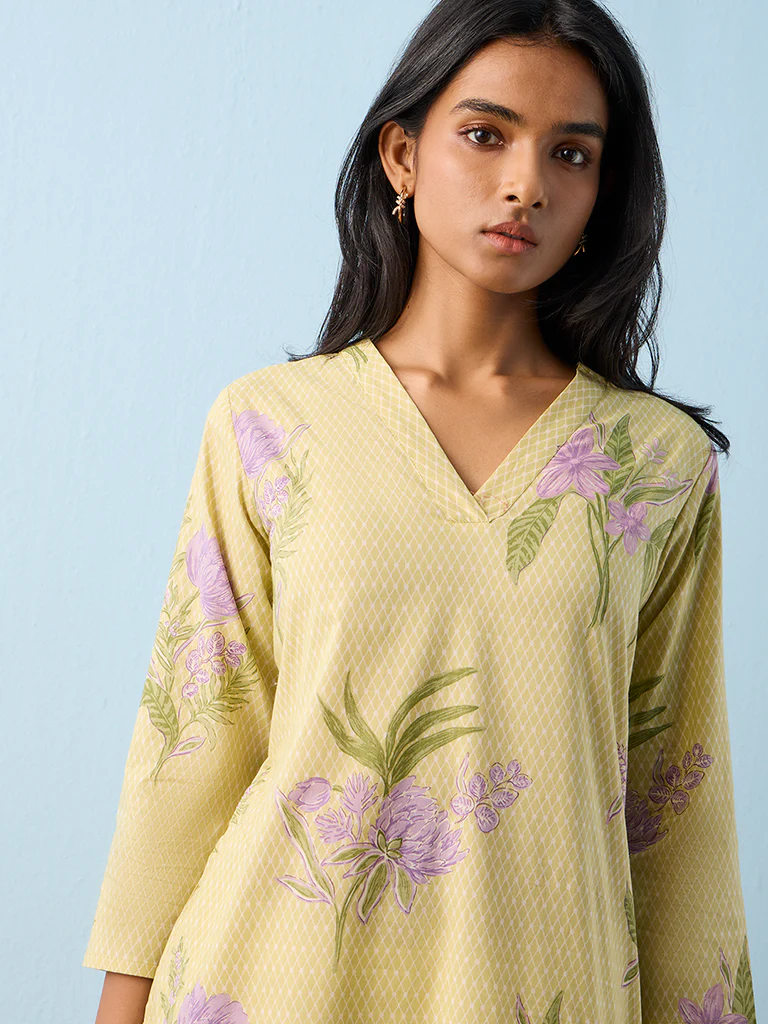 Utsa Lime Floral Printed Cotton Straight Kurta - Image 3