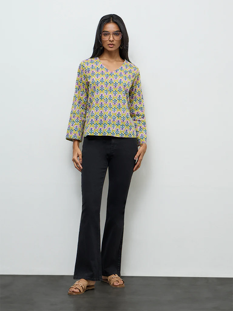 Utsa Lime Floral Printed Cotton Tunic - Image 2