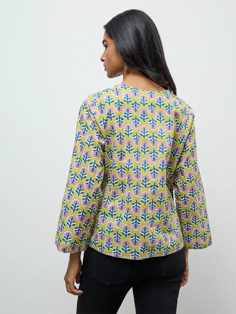 Utsa Lime Floral Printed Cotton Tunic - Image 4