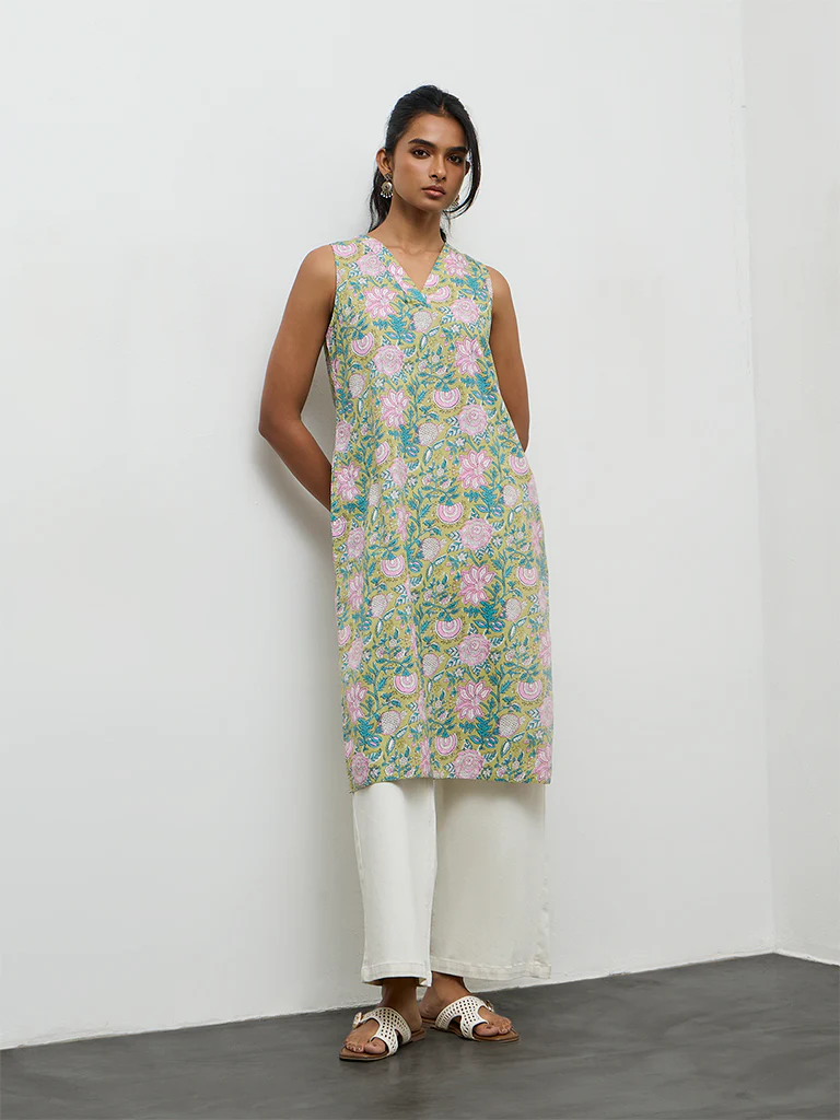 Utsa Lime Foliage Printed Cotton A-Line Kurta - Image 2
