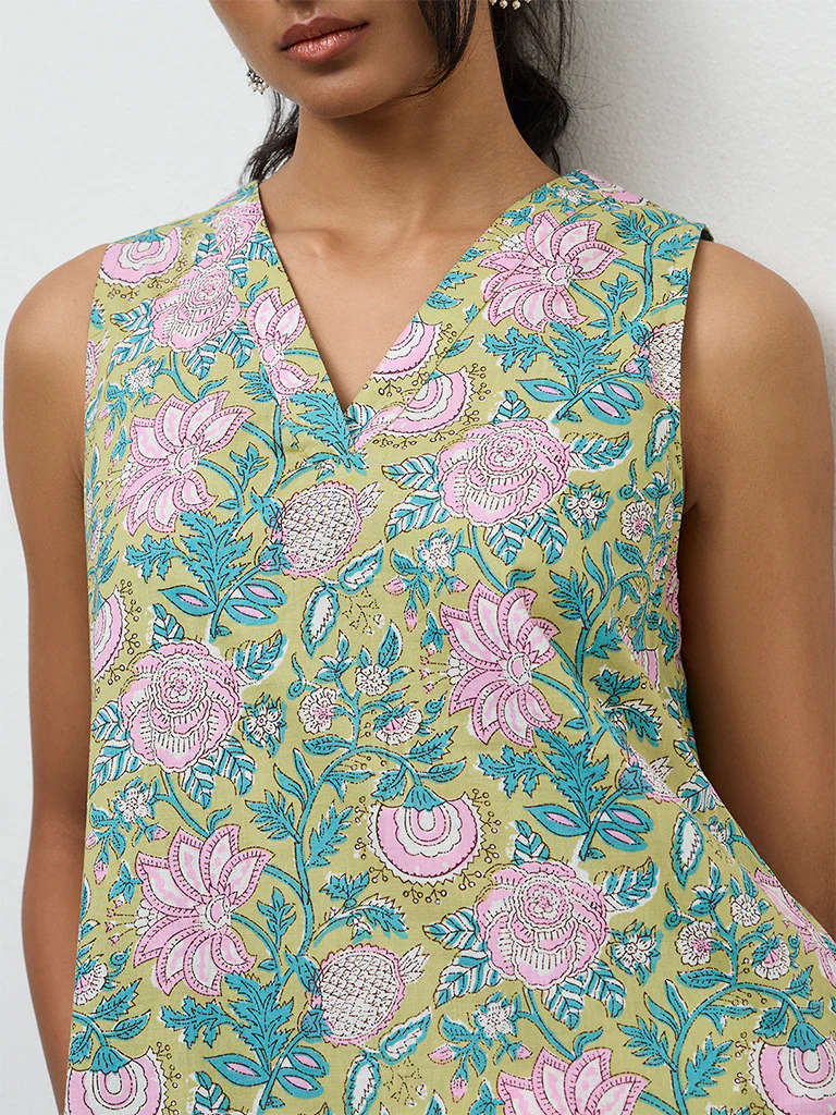 Utsa Lime Foliage Printed Cotton A-Line Kurta - Image 3