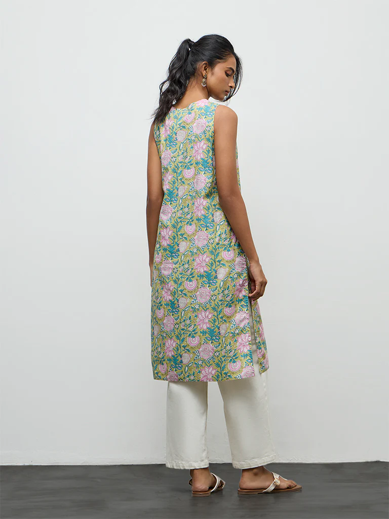 Utsa Lime Foliage Printed Cotton A-Line Kurta - Image 4