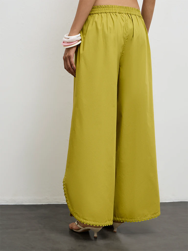 Utsa Lime Solid Cotton-Blend Palazzos - Image 4
