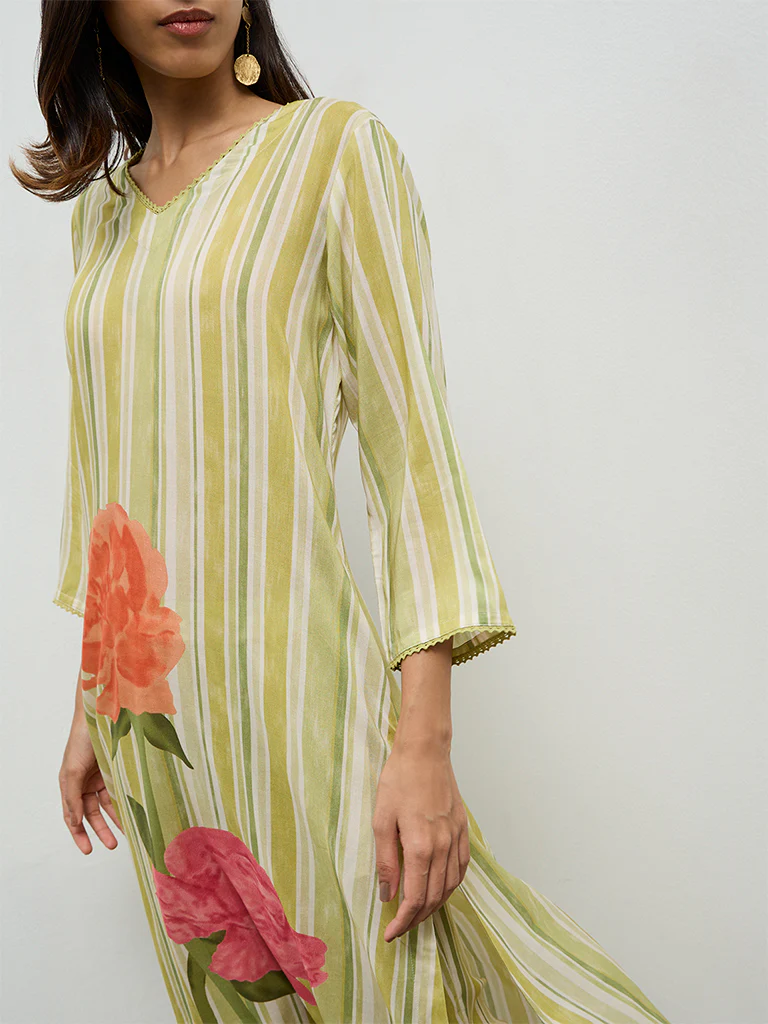 Utsa Lime Striped A-Line Kurta - Image 3