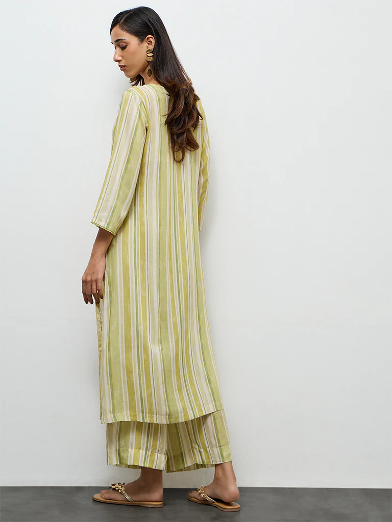 Utsa Lime Striped A-Line Kurta - Image 4