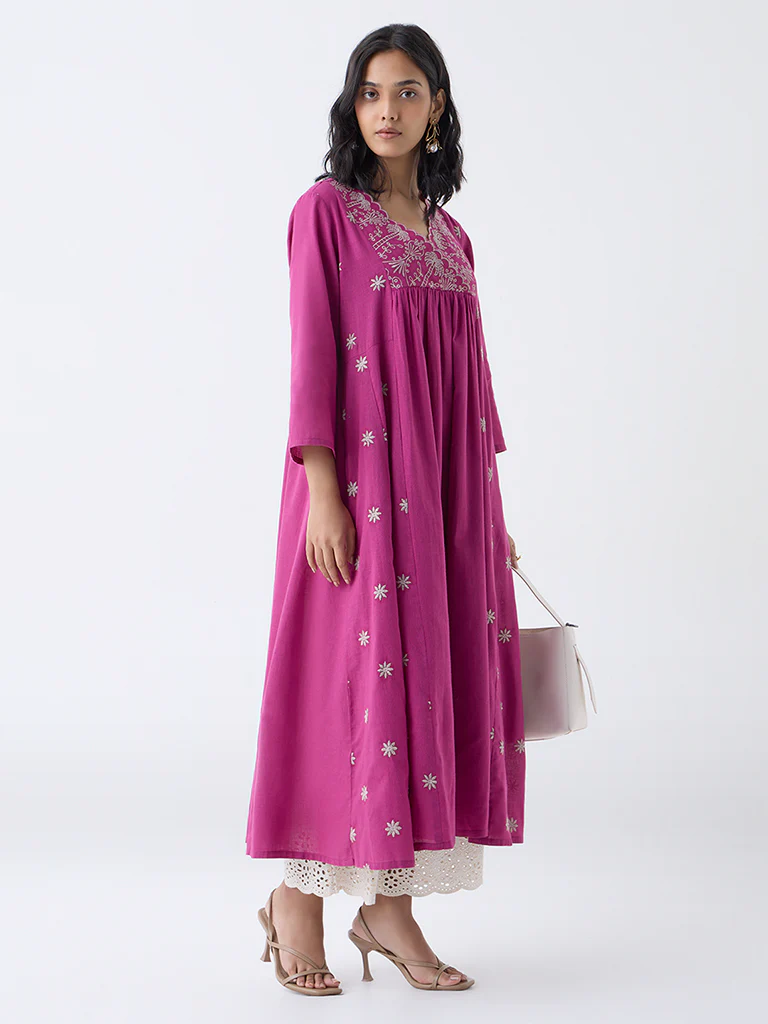 Utsa Magenta Embroidered Anarkali Cotton Kurta - Image 2