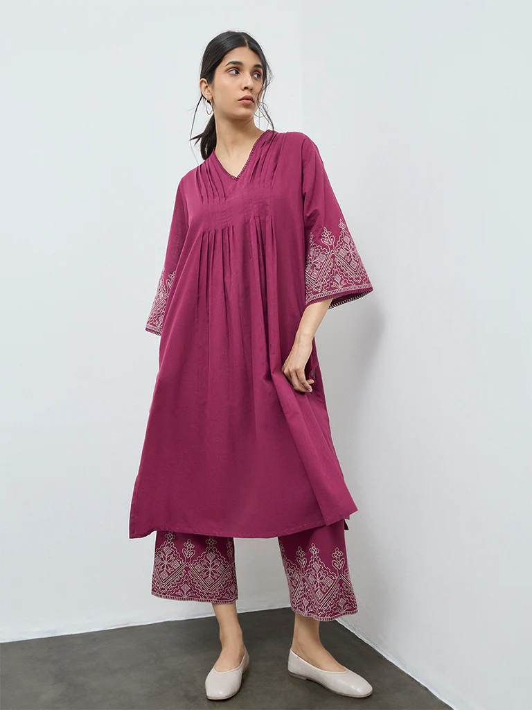 Utsa Magenta Embroidered Cotton A-Line Kurta - Image 2