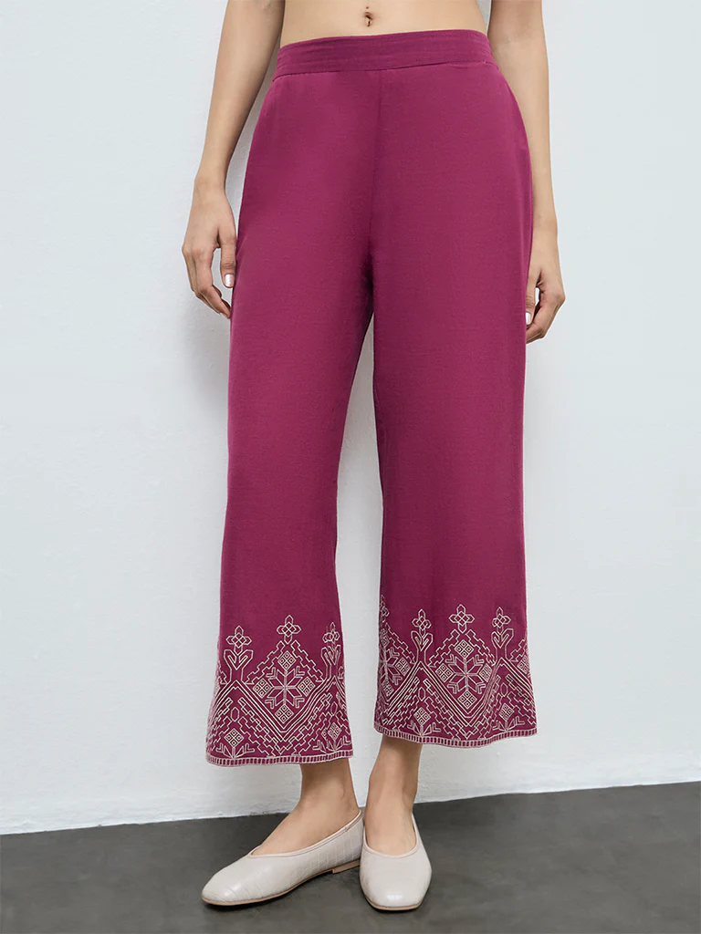 Utsa Magenta Embroidered Cotton Pants