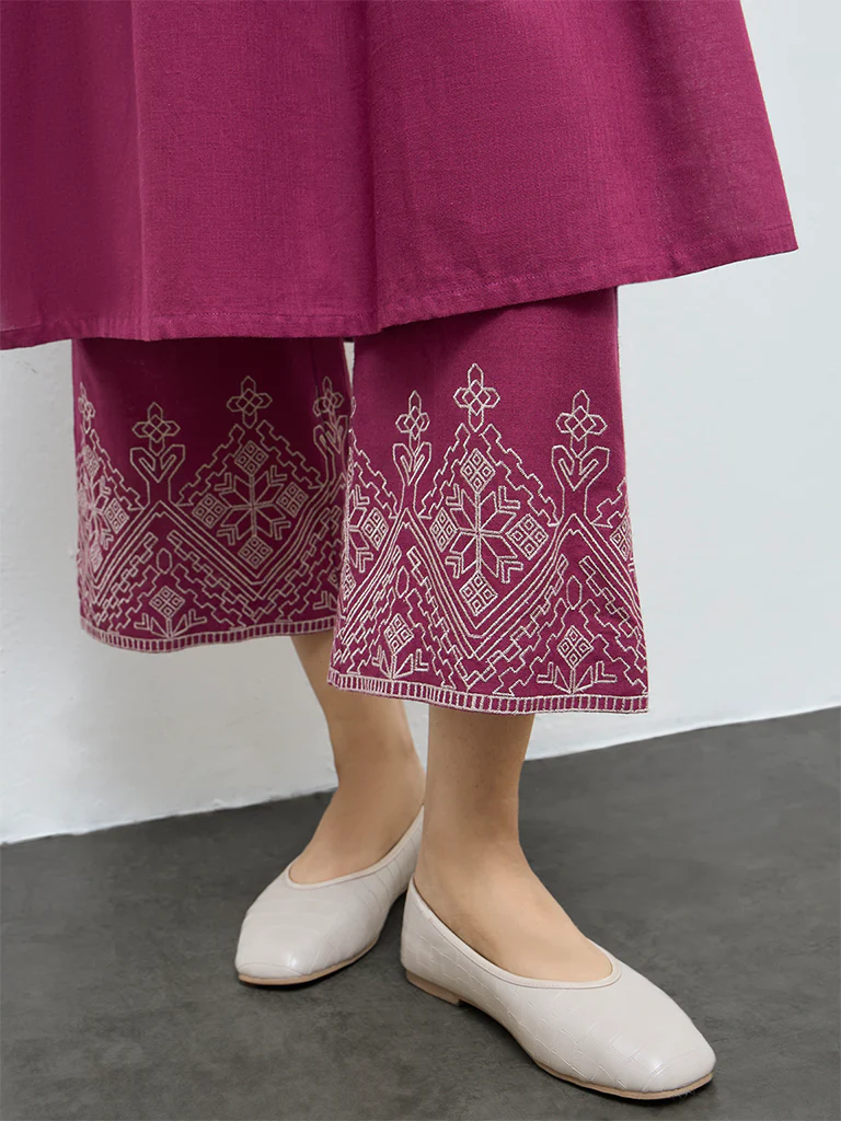 Utsa Magenta Embroidered Cotton Pants - Image 3