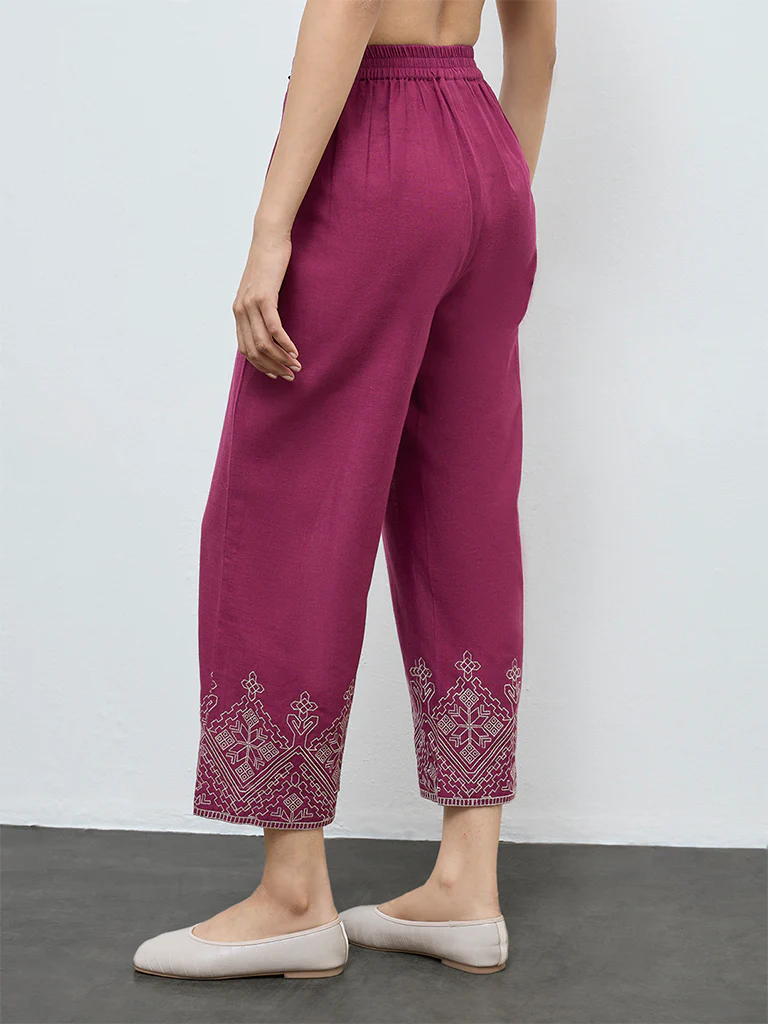 Utsa Magenta Embroidered Cotton Pants - Image 4