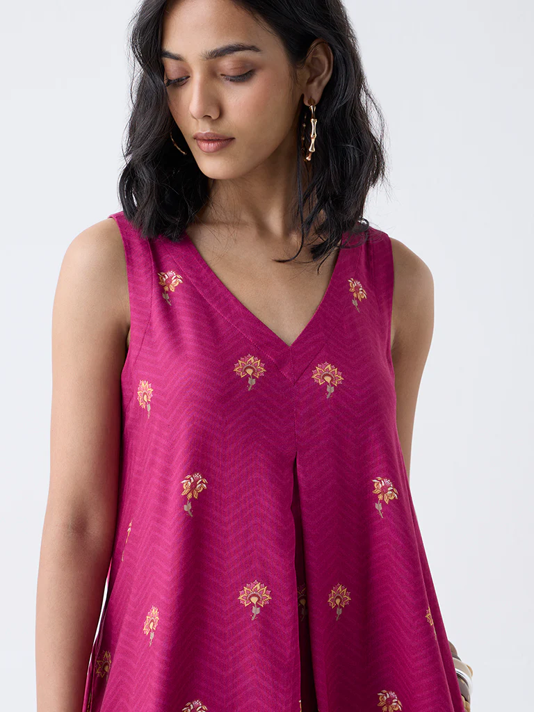 Utsa Magenta Floral Design A-Line Dress - Image 3