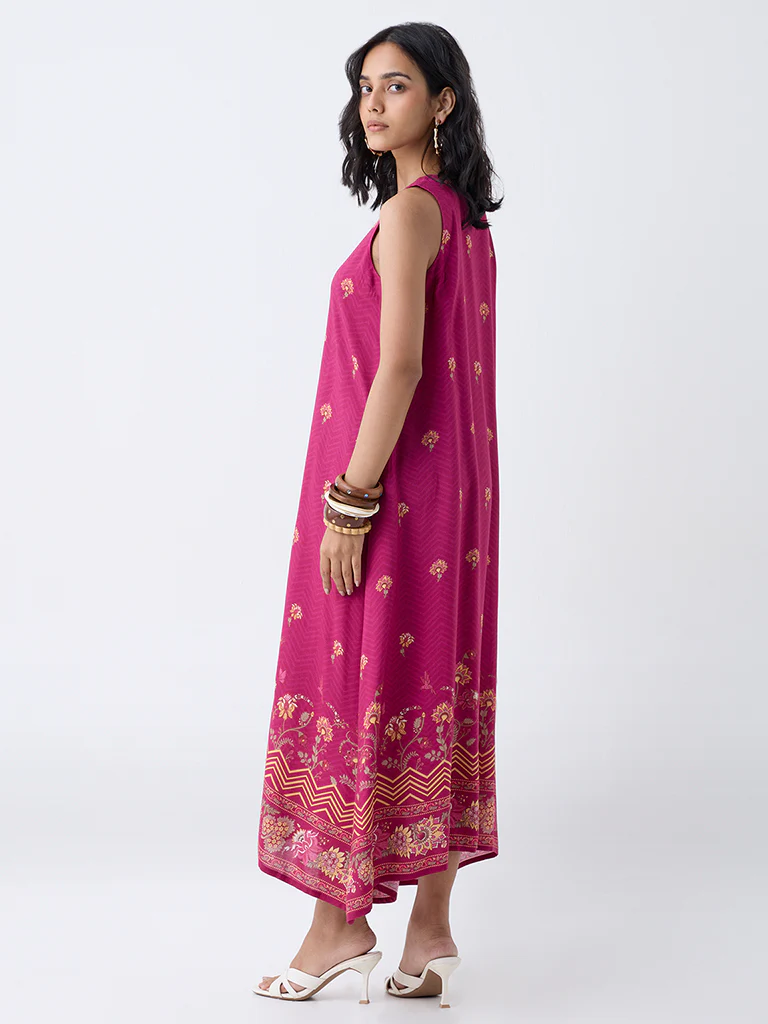 Utsa Magenta Floral Design A-Line Dress - Image 4