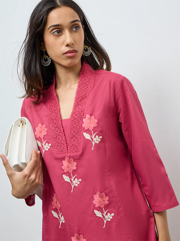 Utsa Magenta Floral Embroidered Cotton-Blend A-Line Kurta - Image 3