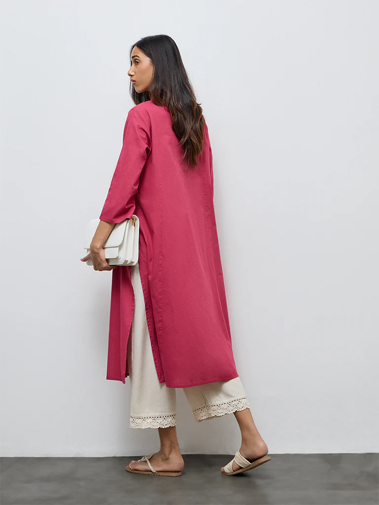 Utsa Magenta Floral Embroidered Cotton-Blend A-Line Kurta - Image 4