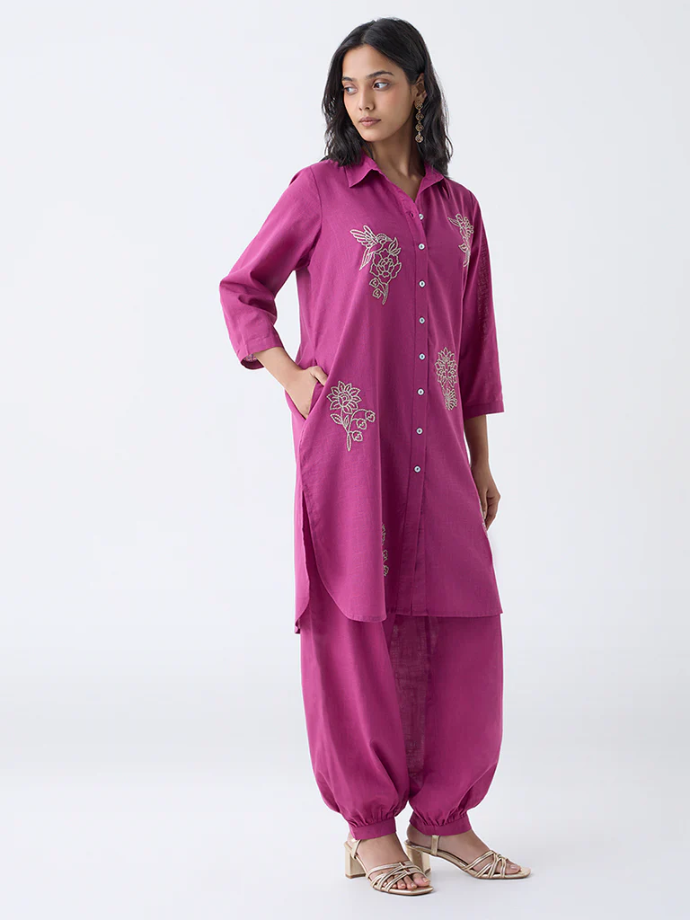 Utsa Magenta Floral Embroidered Cotton Straight Kurta - Image 2