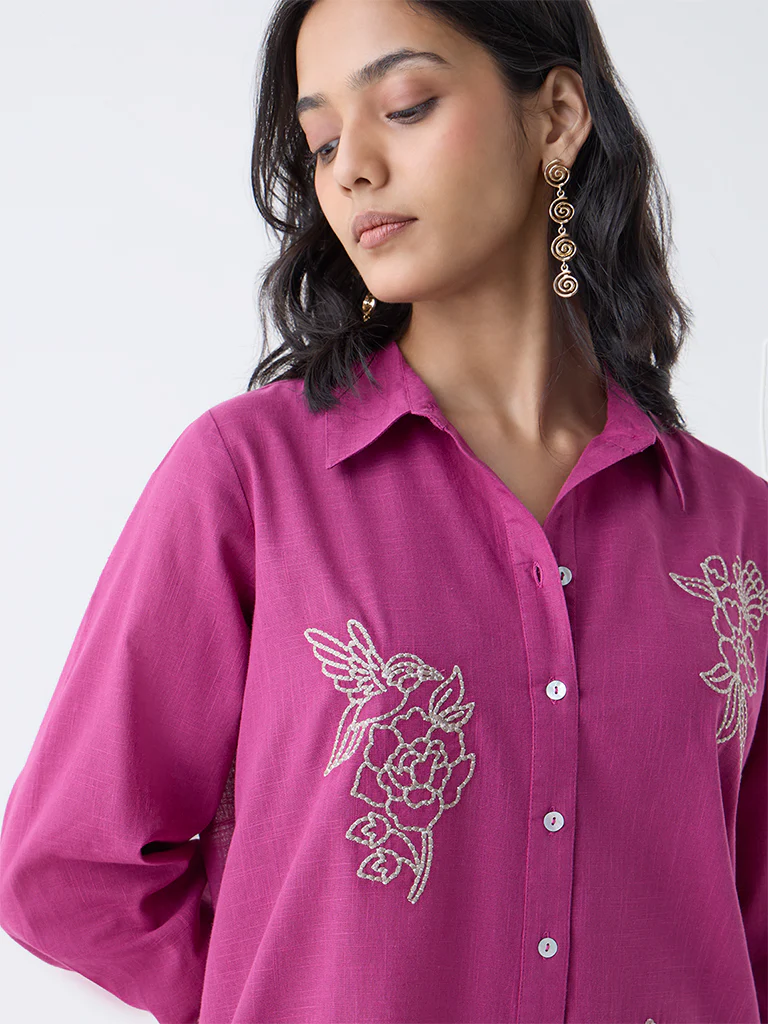 Utsa Magenta Floral Embroidered Cotton Straight Kurta - Image 3