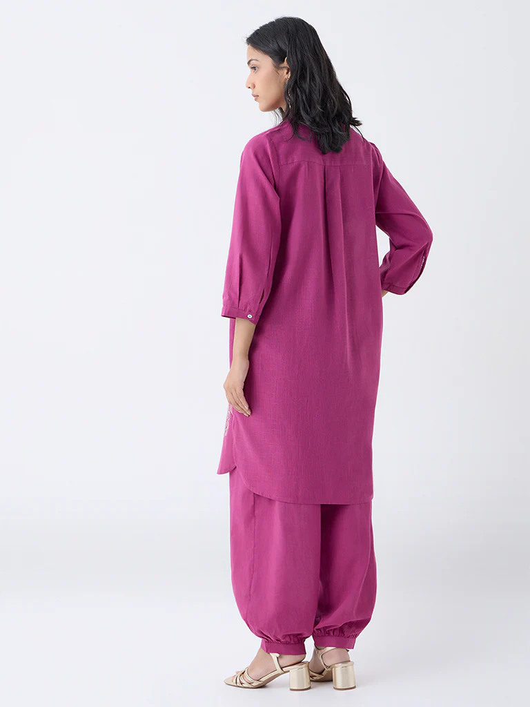 Utsa Magenta Floral Embroidered Cotton Straight Kurta - Image 4
