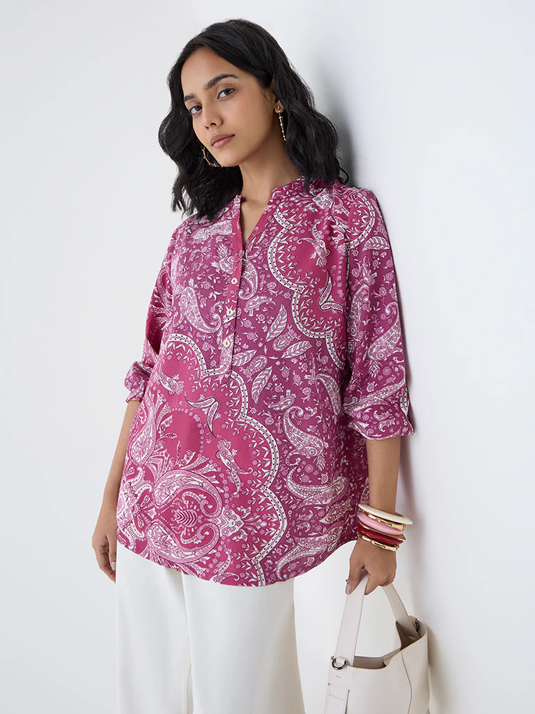 Utsa Magenta Paisley Printed Tunic - Image 2