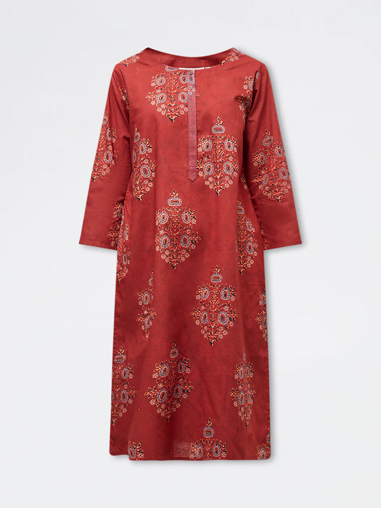 Utsa Maroon Botanical Design Cotton Straight Kurta - Image 5