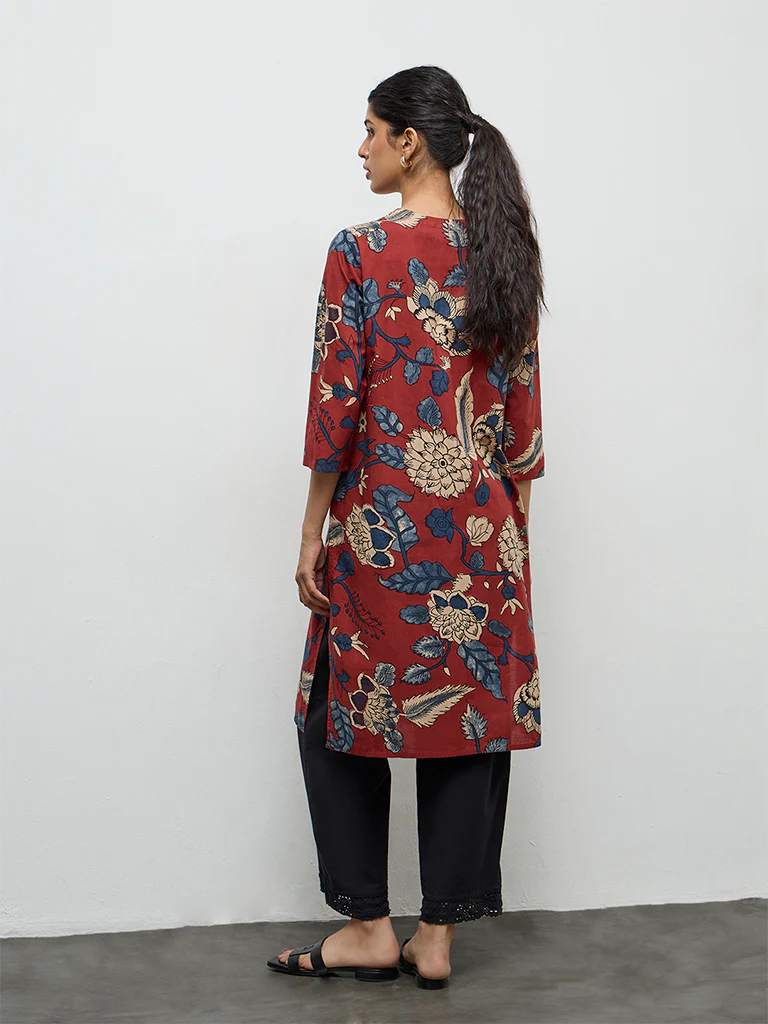 Utsa Maroon Botanical Design Cotton Straight Kurta - Image 4