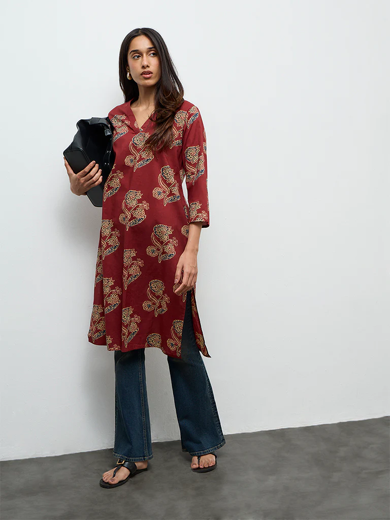 Utsa Maroon Butta Printed Cotton Straight Kurta