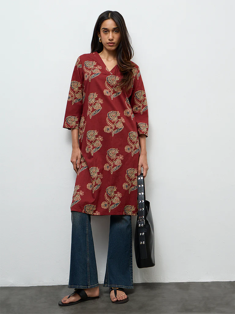 Utsa Maroon Butta Printed Cotton Straight Kurta - Image 2